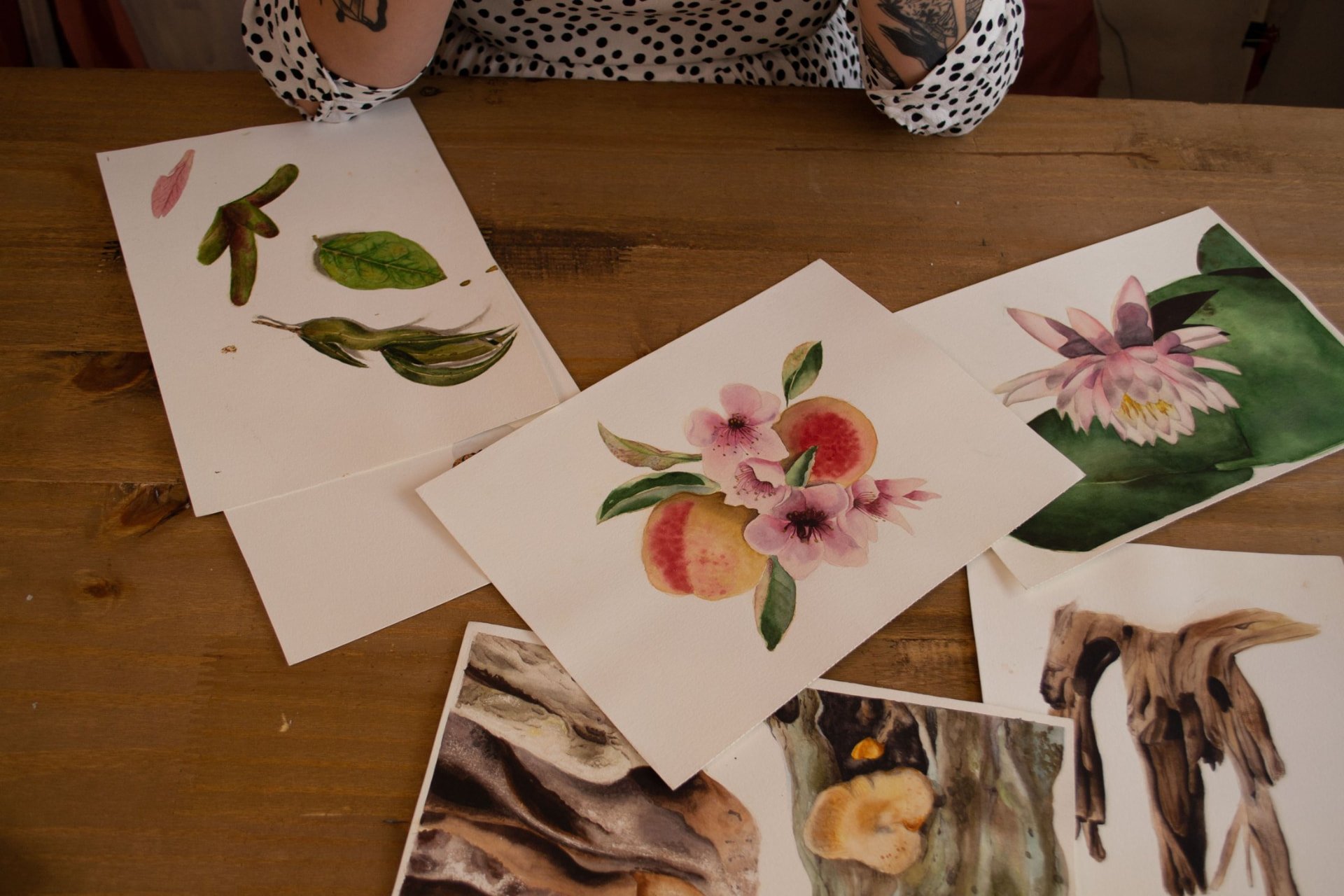 Estudos de aquarela espalhados sobre a mesa
